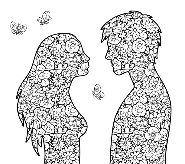 мужские и женские силуэты с цветочным узором. черно-белые - horizontal black and white toned image two people stock illustrations