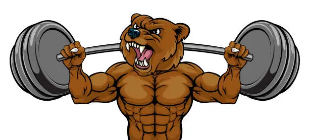 Vector illustration of Bear Mascot Weight Lifting Barbell Body Builder