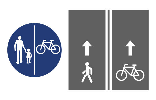 Road sign, pedestrian and bicyclist, vector illustration icon. Circular blue traffic sign. White image on the roadbed. white silhouette of people, man and baby girl, and bicycle Road sign, pedestrian and bicyclist, vector illustration icon. Circular blue traffic sign. White image on the roadbed. white silhouette of people, man and baby girl, and bicycle isolated sidewalk icon stock illustrations