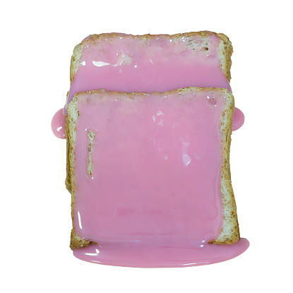 Pink milk spread on sliced bread on isolated white background