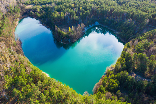 Concept of loving to nature . Lake in heart shape in green forest from above. Green summer landscape with emerald lake.