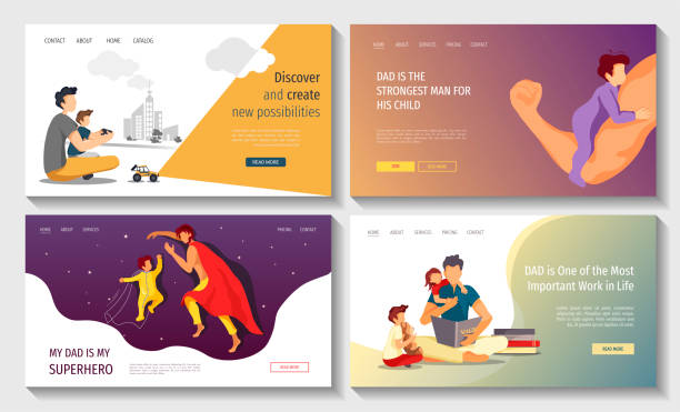 Set of web pages for Happy Father's Day, Fatherhood, Parenthood, Childhood, Dad with children. Set of web pages for Happy Father's Day, Fatherhood, Parenthood, Childhood, Dad with children. Vector illustration for poster, banner, website, cover, flyer. father stock illustrations