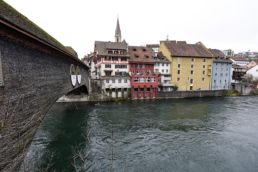 City Baden in Switzerland with its medeival Center and the river Limmat captured during winter season. Baden which is located in the Canton of Aargau has a poplation of arround 18'000 citizen.