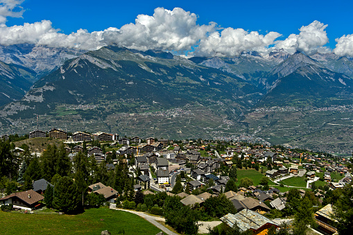 Holiday resort Nendaz rising above the Rhone Valley, Nendaz, Valais, Switzerland