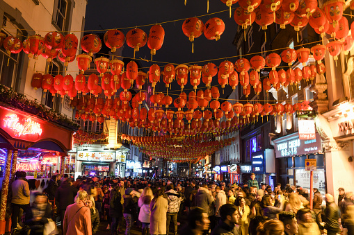 London, United Kingdom, 25th of January 2020: Chinese red lanterns illuminated lamps hanging during Chinese New Year's celebration