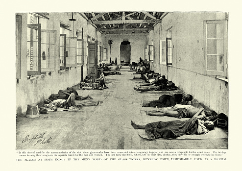 Vintage photograph of scene from the 1894 Hong Kong plague, part of the Third plague pandemic. Temporary hospital for victims of the plague, in the Glass works, Kennedy town