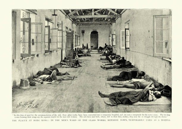 Temporary hospital for victims of the plague pandemic, Hong Kong, 1894 Vintage photograph of scene from the 1894 Hong Kong plague, part of the Third plague pandemic. Temporary hospital for victims of the plague, in the Glass works, Kennedy town poverty photos stock pictures, royalty-free photos & images