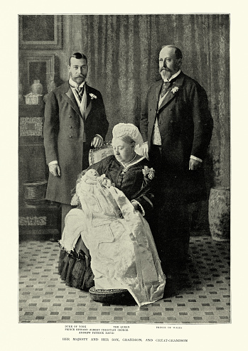 Vintage photograph of Queen Victoria, Prince of Wales (later Edward VII), Duke of York (later George V), Prince Edward (later Edward VIII)