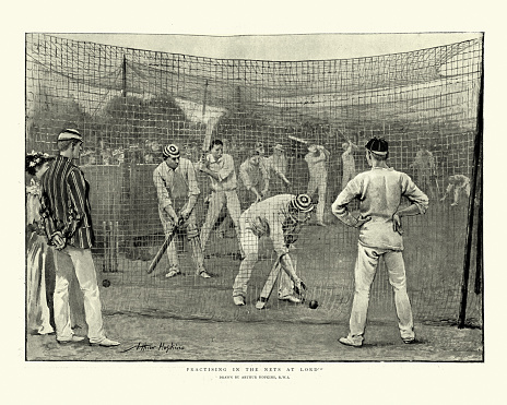 Vintage illustration of cricketers practising in the nets at Lord's, by Arthur Hopkins, Victorian, 19th Century