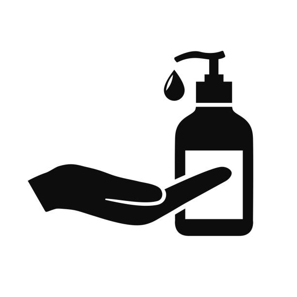 illustrazioni stock, clip art, cartoni animati e icone di tendenza di icona antisettica, disinfettanti per le mani. i disinfettanti per lo sfregamento dell'alcol uccidono la maggior parte dei batteri dalle mani e fermano i virus. bottiglia disinfettante, contenitore montato a parete, icona del sapone liquido - vettore stock - cream horn