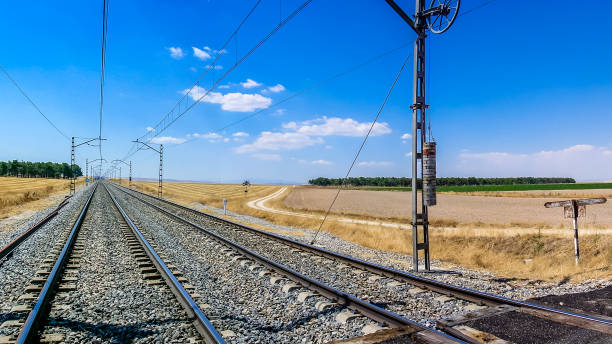 istock Rail roads in an infinite flat landscape in Spain 1221208944