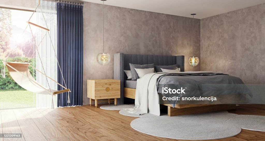 Modern interior design of spacious bedroom with large windows and garden and forest in background, 3d rendering, 3d illustration Bed Frame Stock Photo