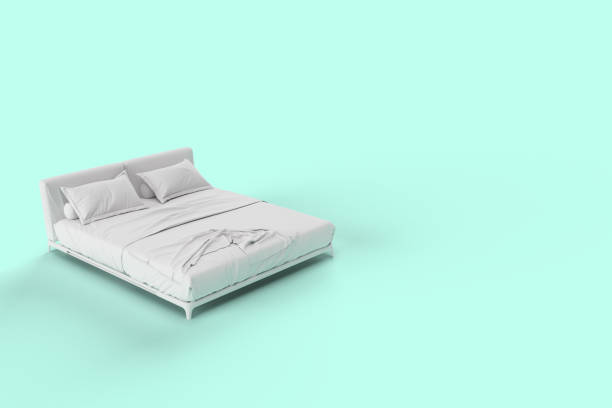 istock 3d render distant side angle view of white bed with white pillow cover and white bed sheet and blanket for mockup with a pastel cyan background. 1221209190