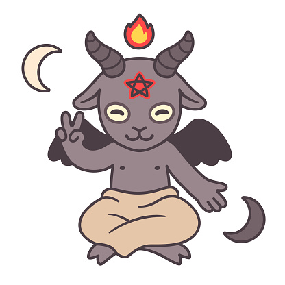 Cute cartoon Satan drawing, goat headed devil with pentagram, fire and crescent moons. Beelzebub or Baphomet, satanic symbol vector illustration.