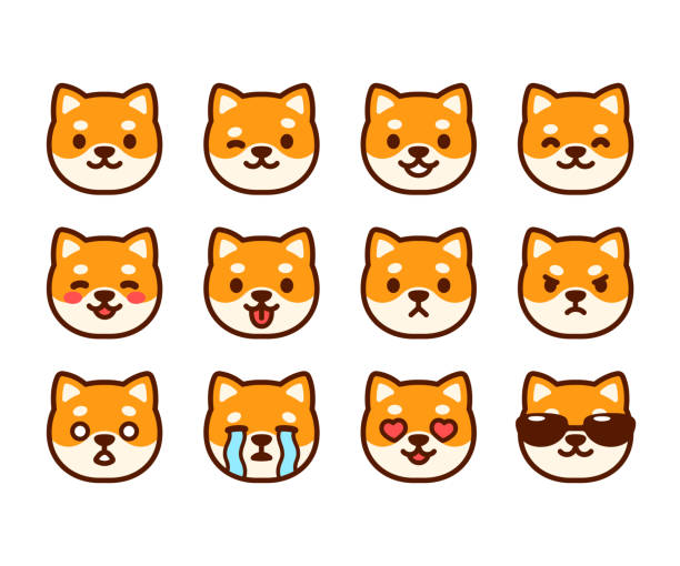 illustrations, cliparts, dessins animés et icônes de ensemble mignon d’emoji de shiba inu - kawaii