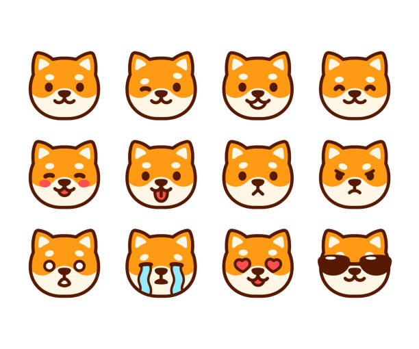 Cute Shiba Inu emoji set Set of cute Shiba Inu puppy emoticons with different expressions. Funny dog emoji faces. Simple cartoon vector illustration. kawaii stock illustrations
