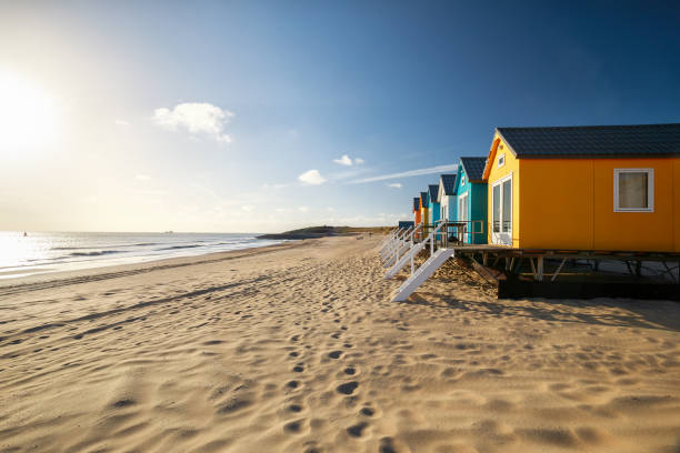 海上陽光明媚的海灘上的小五顏六色的建築 - netherlands 個照片及圖片檔