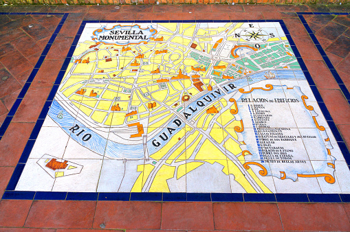 Ceramic tile map mural in the gazebo representing the province of Granada at Plaza de Espana in Seville, Spain. Unique beautiful picturesque paintings