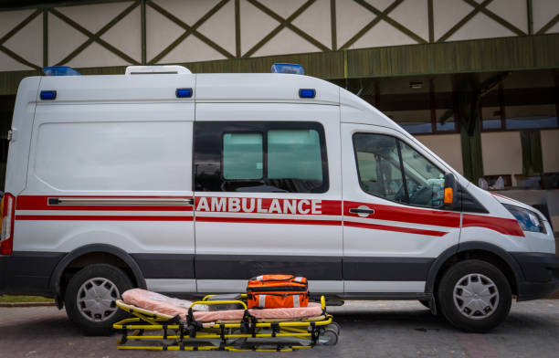 paramedics emergency rescue team's stretcher and ambulance car is ready to help. - travel healthcare and medicine emergency services urgency imagens e fotografias de stock