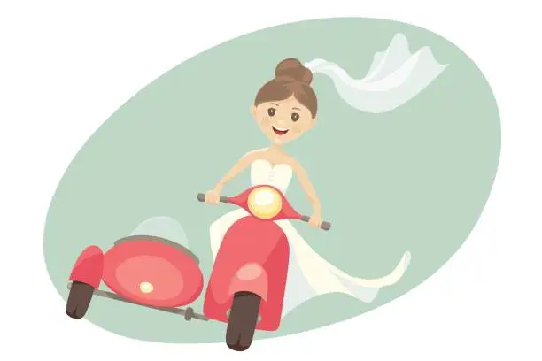 Vector illustration of Funny bride on a scooter with sidecar.