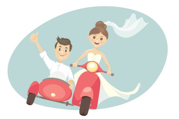 Funny newlyweds on a scooter with sidecar. Vector illustration, card, bride and groom in a hurry on a journey sidecar stock illustrations