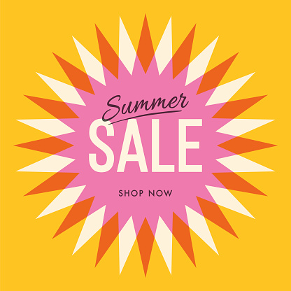 Summer sale banner with sun. Sun with rays. Summer template poster design for print or web. stock illustration