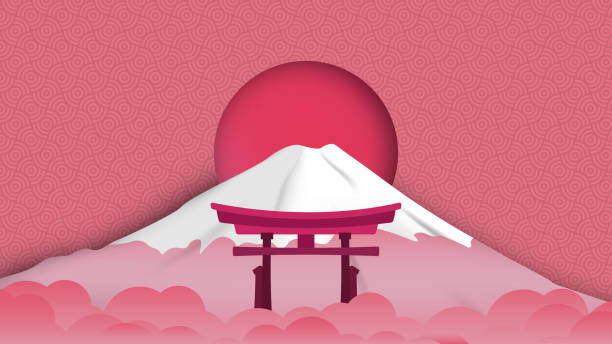 istock Japanese Famous Landmarks- Torii Gate and Mount Fuji during sunrise . japan tourism . Flat Design Style. 1221213447
