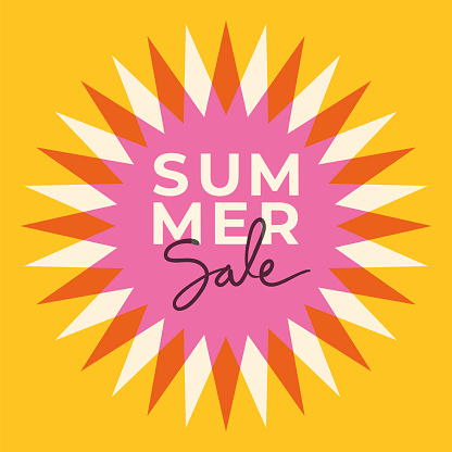 Summer sale banner with sun. Sun with rays. Summer template poster design for print or web. stock illustration