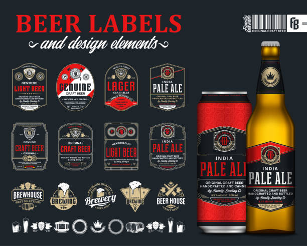 Vector beer labels, badges, icons and design elements Vector black and red premium quality beer labels. Realistic glass bottle and aluminum can mockup. Brewing company branding and identity icons, badges, insignia and design elements beer brands stock illustrations