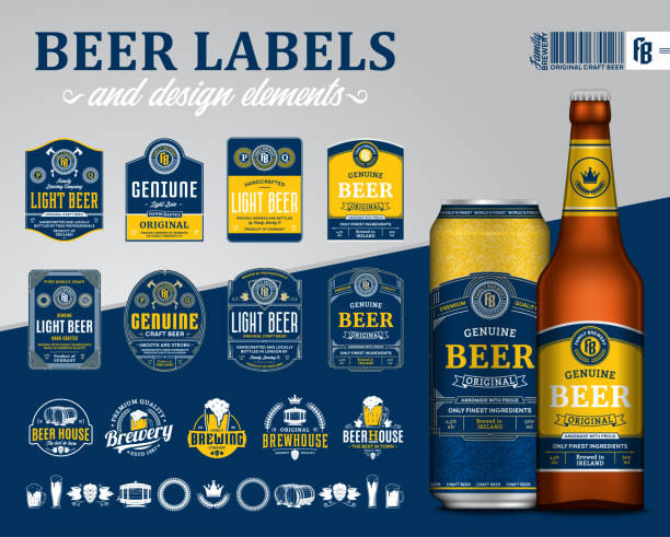 Vector beer labels, badges, icons and design elements Vector blue and yellow premium quality beer labels. Realistic glass bottle and aluminum can mockup. Brewing company branding and identity design elements beer brands stock illustrations