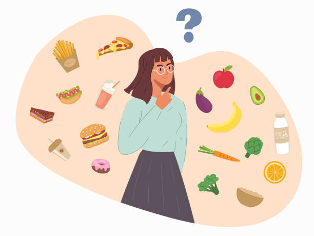 ilustrações de stock, clip art, desenhos animados e ícones de young woman choosing takeaway or fresh food - white background decisions contemplation choice
