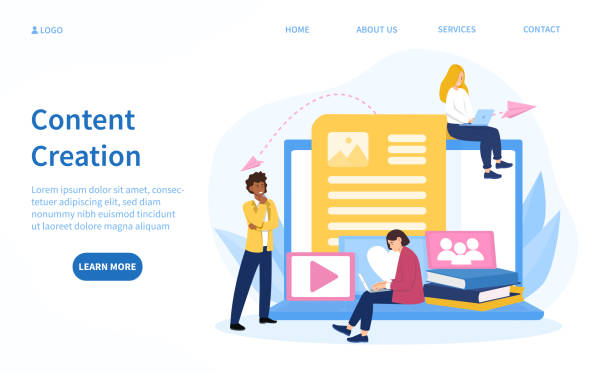 Website Content Creation concept for SEO Website Content Creation concept for SEO showing a business team developing and inputting information online, colored vector illustration blogging illustrations stock illustrations