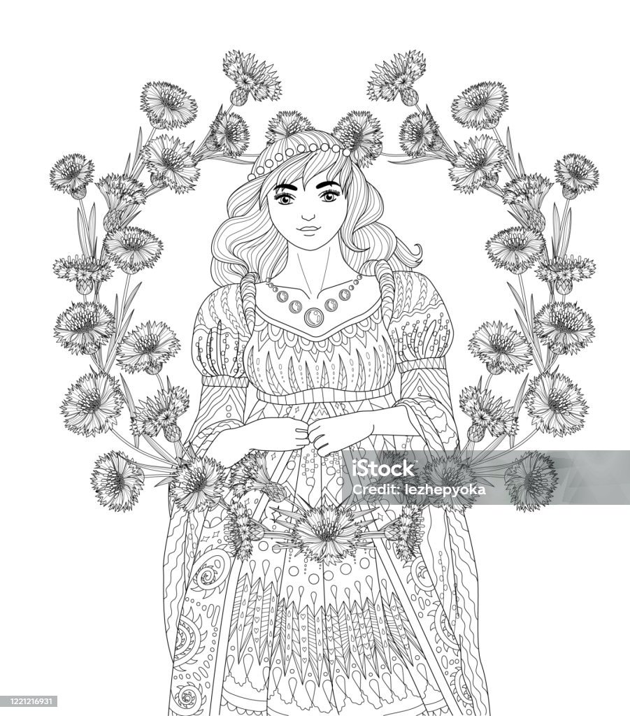 Coloring Book For Adults With Medieval Lady Stock Illustration