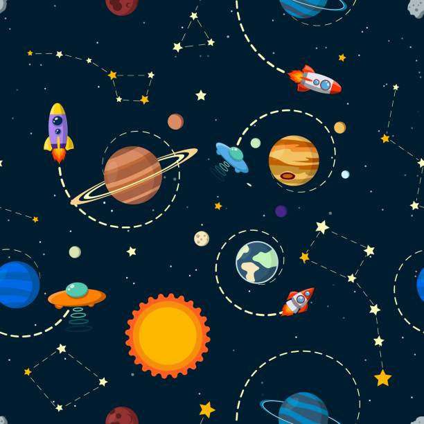 solar system vector kids cartoon planet seamless pattern. solar system vector kids cartoon planet seamless pattern. Rocket, UFO, planets Illustration, great for wallpaper, textile and texture design. Kids design, fabric, wrapping, apparel. rocketship patterns stock illustrations