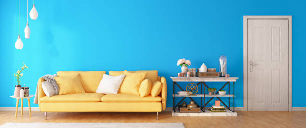 istock Interior of Living Room with Blue Wall and Sofa 1221218269