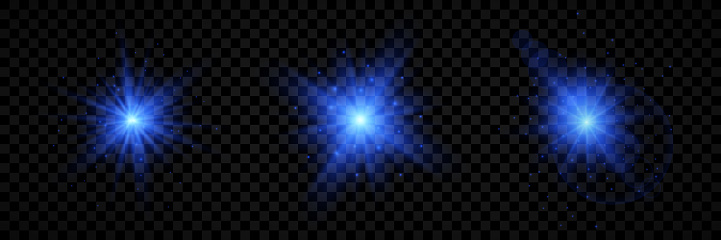 Light effect of lens flares. Set of three blue glowing lights starburst effects with sparkles on a transparent background. Vector illustration