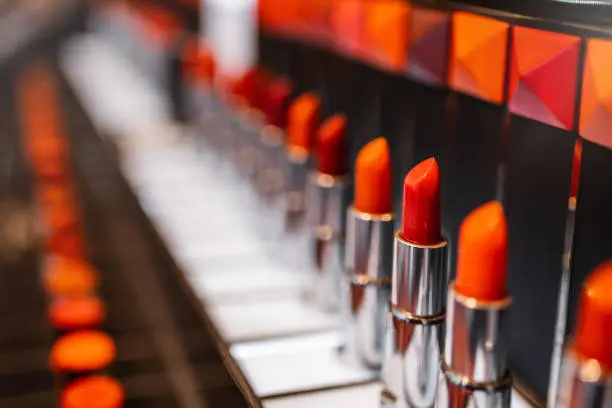Photo of Red lipstick. a row of red lipstick in a metal case on the supermarket showcase