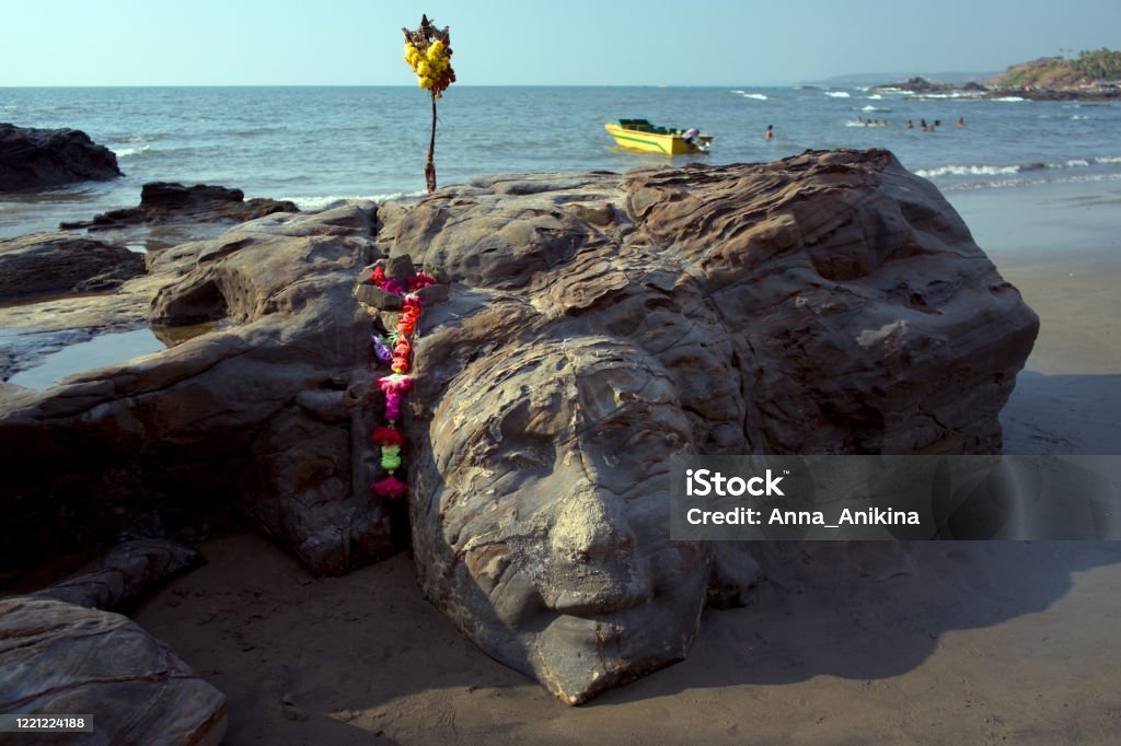 Vagator beach in Goa. Shiva's face on Vagator beach. Goa India. Anjuna Stock Photo