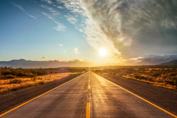 End of the World Street in Chile - Patagonia Road, Highway, Street, Summer, Sunrise - Dawn apocalypse photos stock pictures, royalty-free photos & images