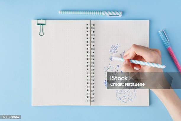 Hand Draws Scribble In A Notebook Blank Notepad Page In Bullet Journal Stock Photo - Download Image Now