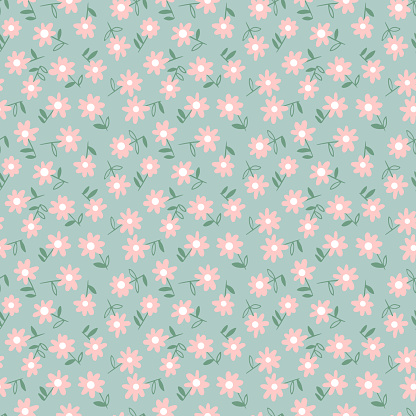 Vector botanical seamless pattern. Small daisies. Flowers in vintage style. Flat Simple floral freehand background for fashion design, textile, fabric, background, wallpaper, surface or wrapping.