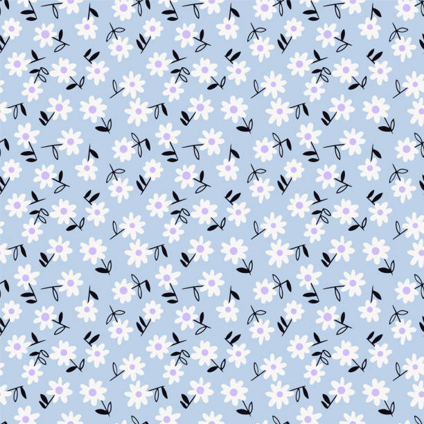 Vector botanical seamless pattern. Small daisies. Flowers in vintage style. Flat Simple floral freehand background for fashion design, textile, fabric, background, wallpaper, surface or wrapping.