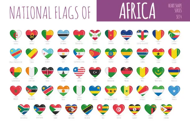 Vector illustration of Set of 54 heart shaped flags of the countries of Africa. Icon set Vector Illustration.