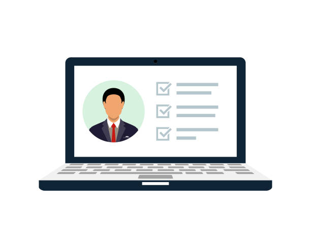 ilustraciones, imágenes clip art, dibujos animados e iconos de stock de lista de documentos en un ordenador portátil con una imagen de un hombre con marcas de verificación de opiniones positivas vector - evaluación del desempeño