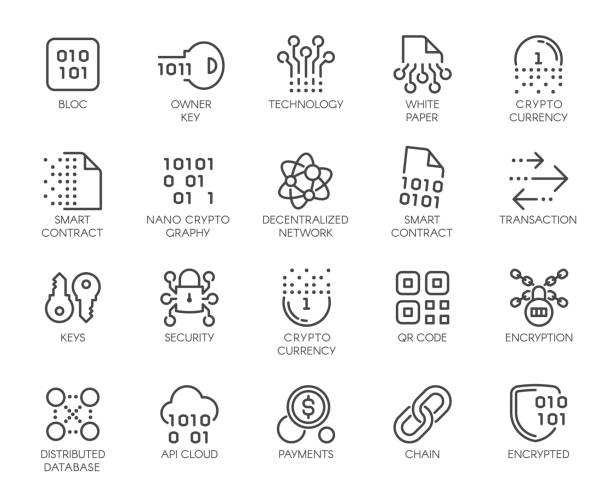 ilustrações de stock, clip art, desenhos animados e ícones de premium icons pack on blockchain system, crypto technology . such line signs as cryptographic decentralised database . custom vector icons set for web and app in outline style. editable stroke. - exchanging connection symbol computer icon