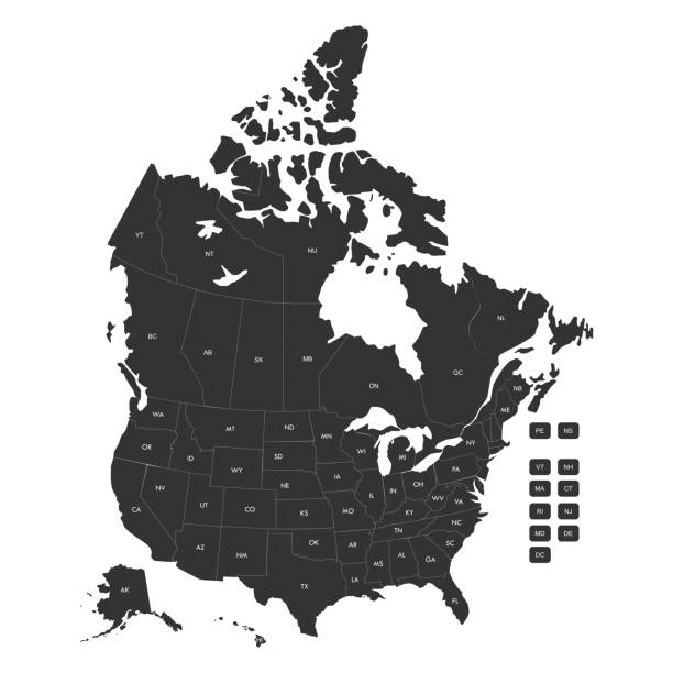 ilustrações, clipart, desenhos animados e ícones de mapa regional dos estados dos eua e províncias do canadá com rótulos. - map usa canada cartography