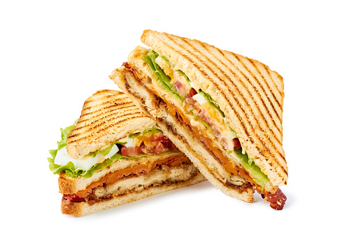 Home made Tuna Salad Submarine sandwich with lettuce, cheese and tomato on white background
