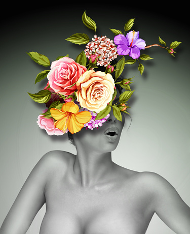 3d wallpaper, Lady, bouquet of flowerss on gradient background. Beauty salon