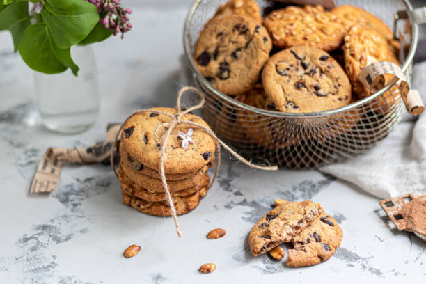 istock Chocolate Chip Cookies. Homemade baking. Round shape, not big. On a light gray background. 1221239755
