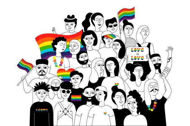 Pride parade. Pride parade. A group of people participating in a Pride parade. LGBT community. LGBTQ. Doodle vector illustration lesbian flag stock illustrations